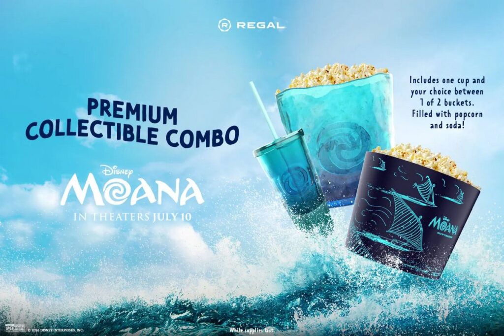 実写映画『モアナと伝説の海』の公開にあわせ、アメリカの映画館チェーン Regal Cinemas が発表した限定ポップコーンバケットやグッズの画像。