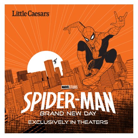 アメリカのピザチェーン「リトル・シーザーズ」が発表した、映画『スパイダーマン：ブランド・ニュー・デイ』とのコラボレーションキャンペーンの画像。