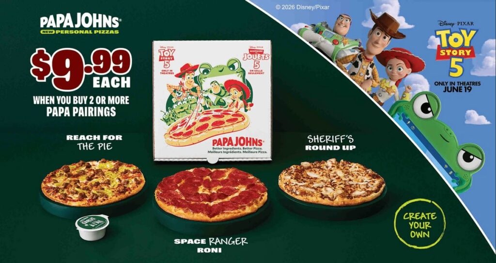 映画『トイ・ストーリー5』を記念し、Papa Johns がディズニー＆ピクサーと展開する初のグローバルコラボレーションの画像。