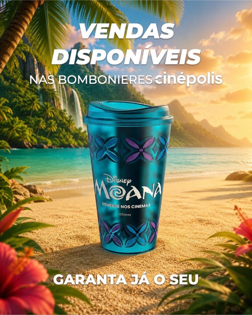 実写映画『モアナと伝説の海』の公開にあわせ、ブラジル各地の映画館チェーンが発表した限定ポップコーンバケットやコレクターズカップの画像。