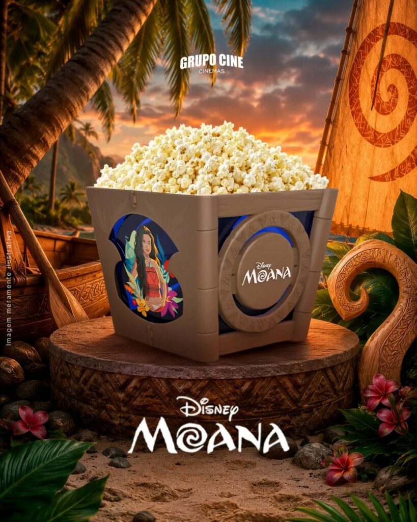実写映画『モアナと伝説の海』の公開にあわせ、ブラジル各地の映画館チェーンが発表した限定ポップコーンバケットやコレクターズカップの画像。