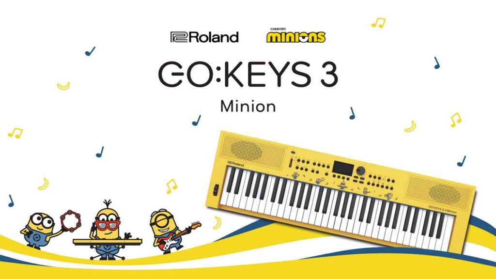 ローランドが発表した、『ミニオンズ』の世界観を取り入れた限定キーボード「GO:KEYS 3 Minion」の画像。