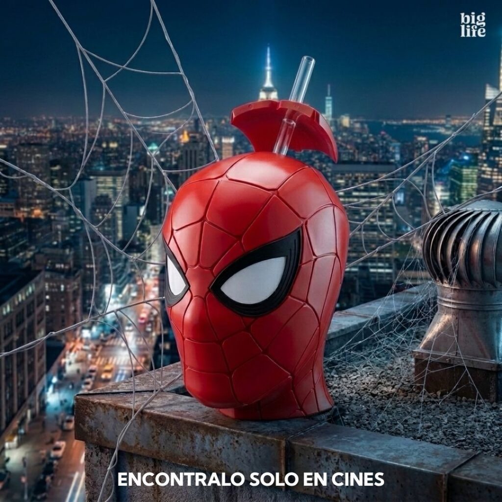 映画『スパイダーマン：ブランド・ニュー・デイ』の公開にあわせ、アルゼンチンのライセンスブランド「Big Life」が発表した限定ポップコーンバケットやドリンクカップの画像。