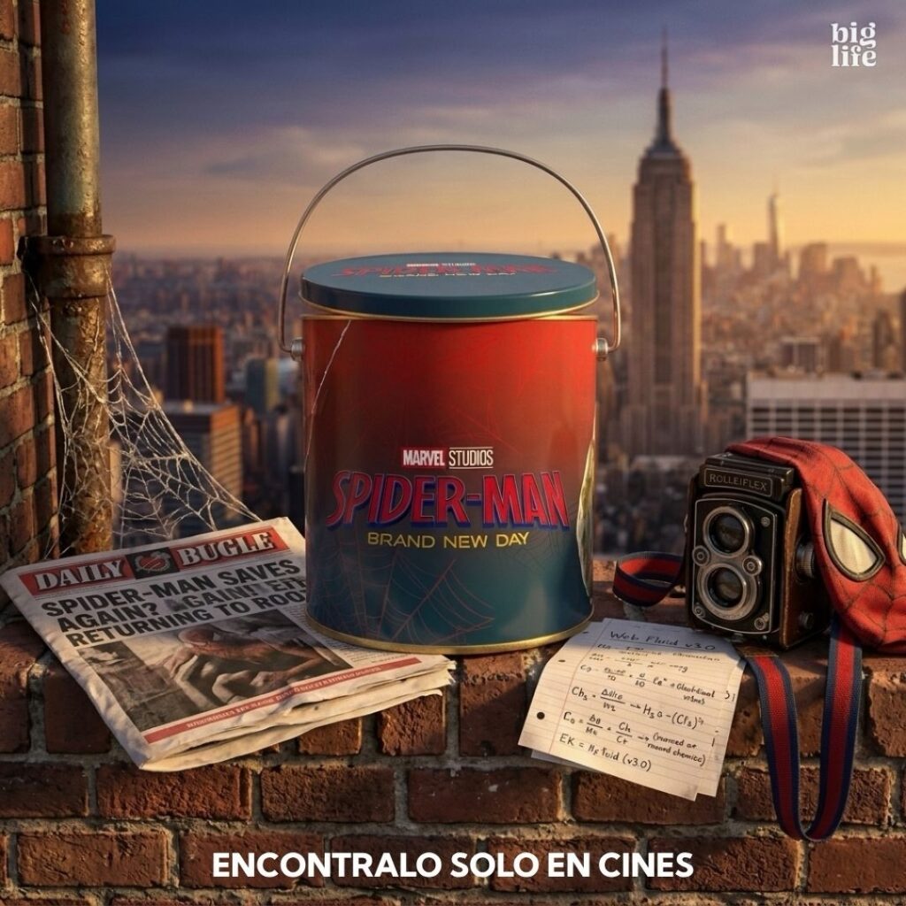 映画『スパイダーマン：ブランド・ニュー・デイ』の公開にあわせ、アルゼンチンのライセンスブランド「Big Life」が発表した限定ポップコーンバケットやドリンクカップの画像。