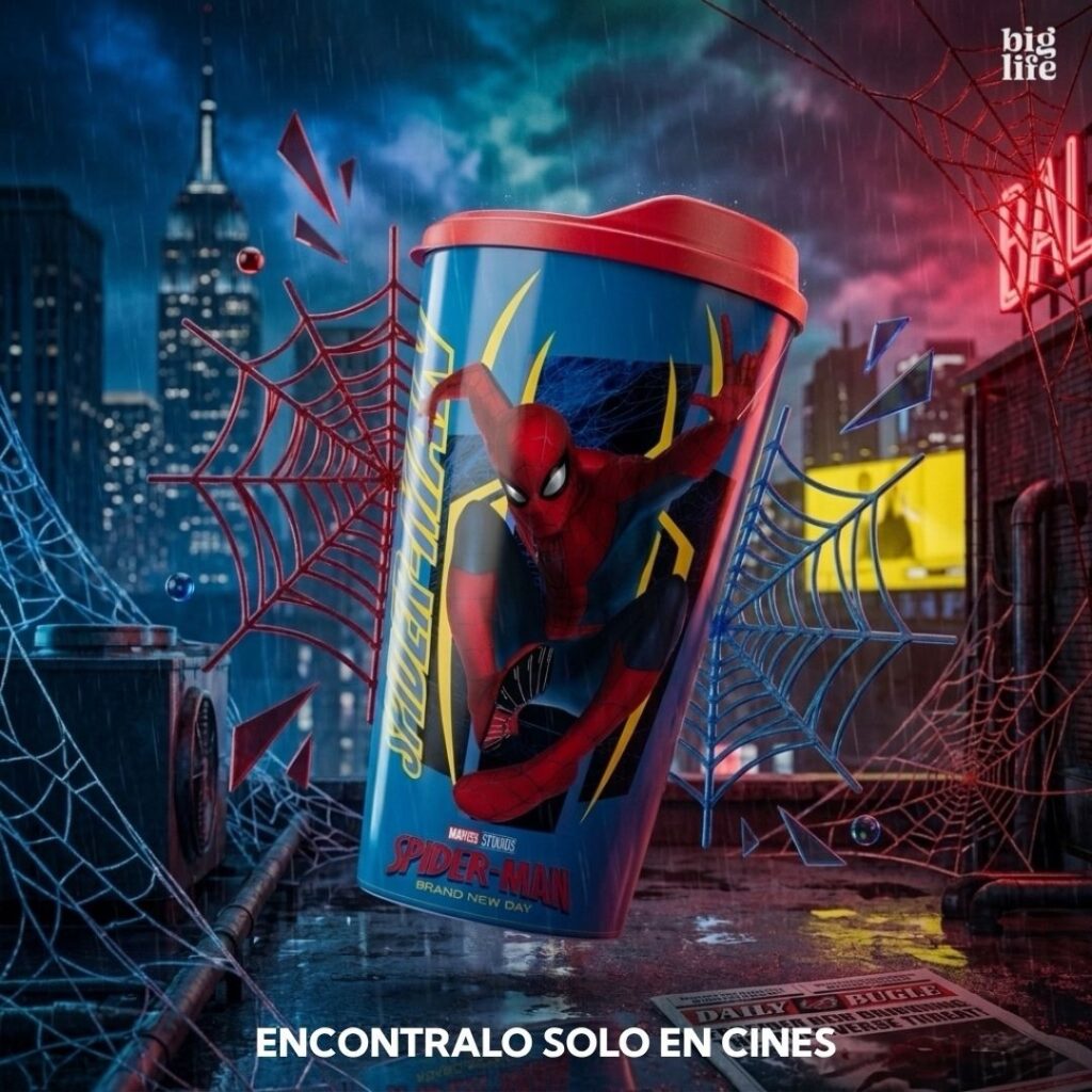 映画『スパイダーマン：ブランド・ニュー・デイ』の公開にあわせ、アルゼンチンのライセンスブランド「Big Life」が発表した限定ポップコーンバケットやドリンクカップの画像。