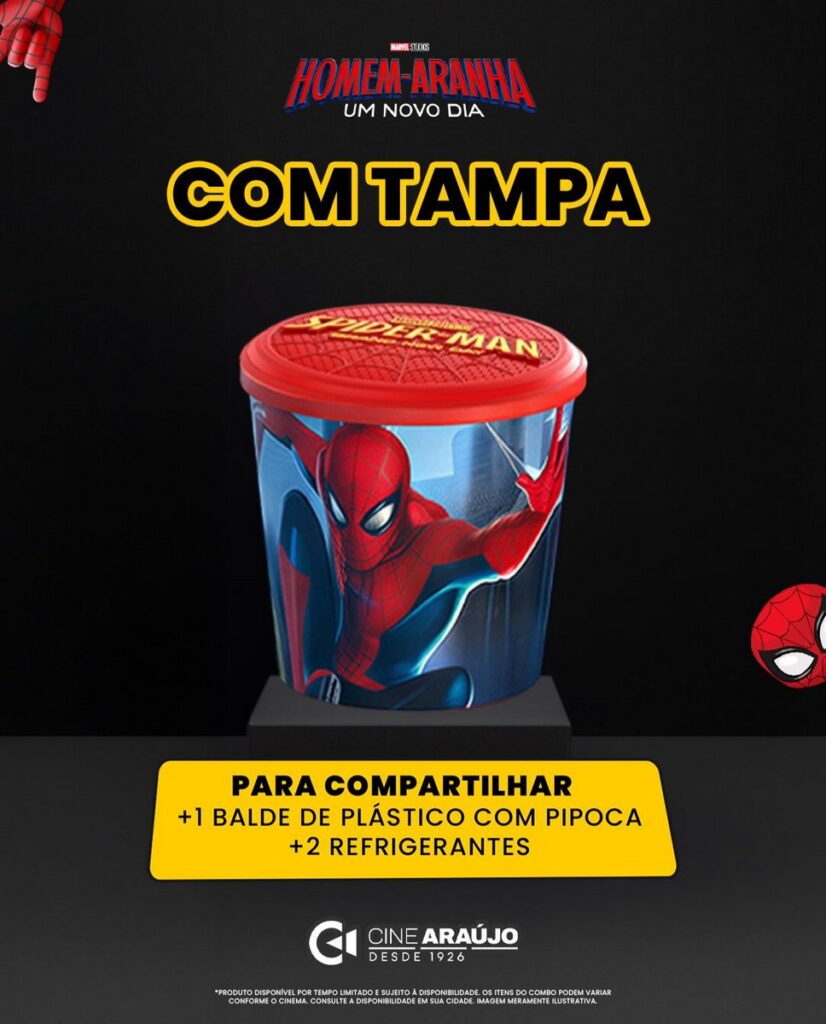 映画『スパイダーマン：ブランド・ニュー・デイ』の公開にあわせ、ブラジルのCine AraújoとチリのCineplanet Chileが発表した限定ポップコーンバケットやフィギュア付きドリンクカップの画像。