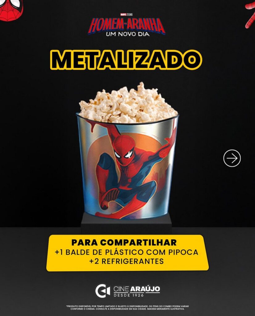 映画『スパイダーマン：ブランド・ニュー・デイ』の公開にあわせ、ブラジルのCine AraújoとチリのCineplanet Chileが発表した限定ポップコーンバケットやフィギュア付きドリンクカップの画像。