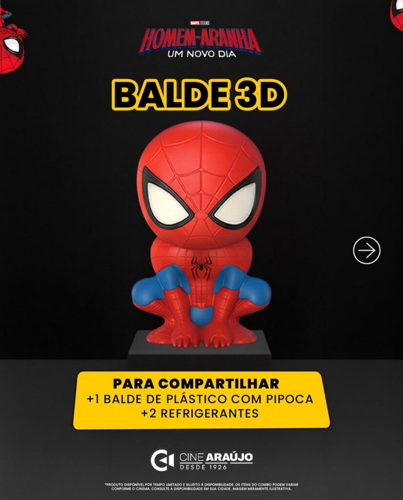 映画『スパイダーマン：ブランド・ニュー・デイ』の公開にあわせ、ブラジルのCine AraújoとチリのCineplanet Chileが発表した限定ポップコーンバケットやフィギュア付きドリンクカップの画像。