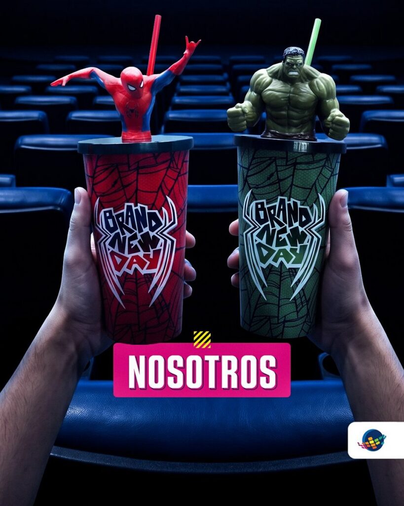 映画『スパイダーマン：ブランド・ニュー・デイ』の公開にあわせ、ブラジルのCine AraújoとチリのCineplanet Chileが発表した限定ポップコーンバケットやフィギュア付きドリンクカップの画像。