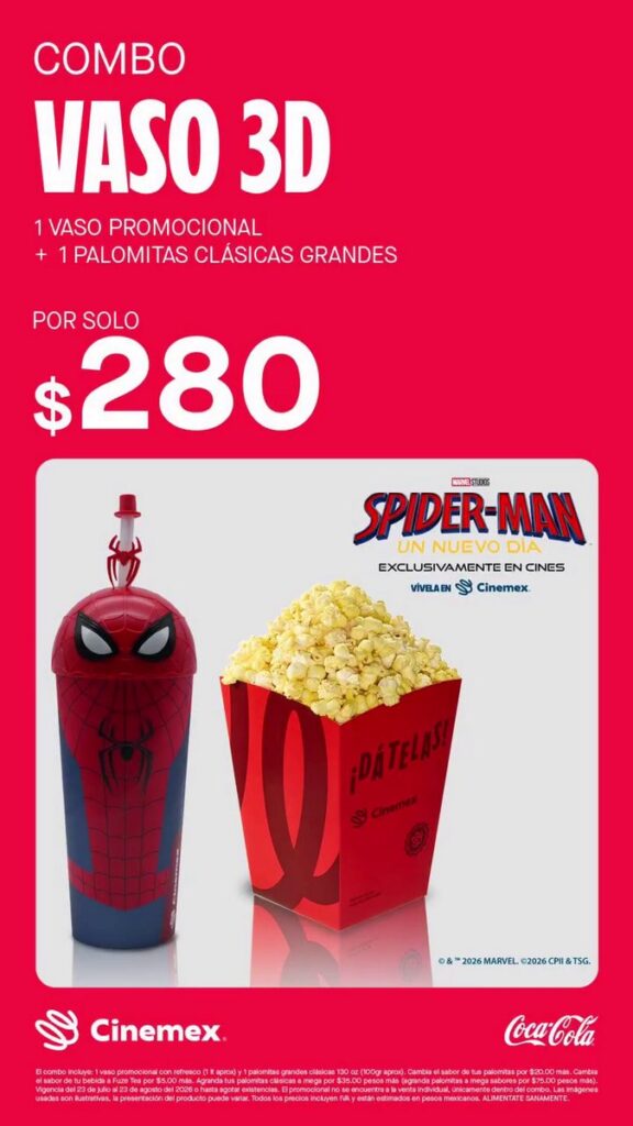 映画『スパイダーマン：ブランド・ニュー・デイ』の公開にあわせ、メキシコの映画館チェーン Cinemex が発表した限定ポップコーンバケットやグッズの画像。