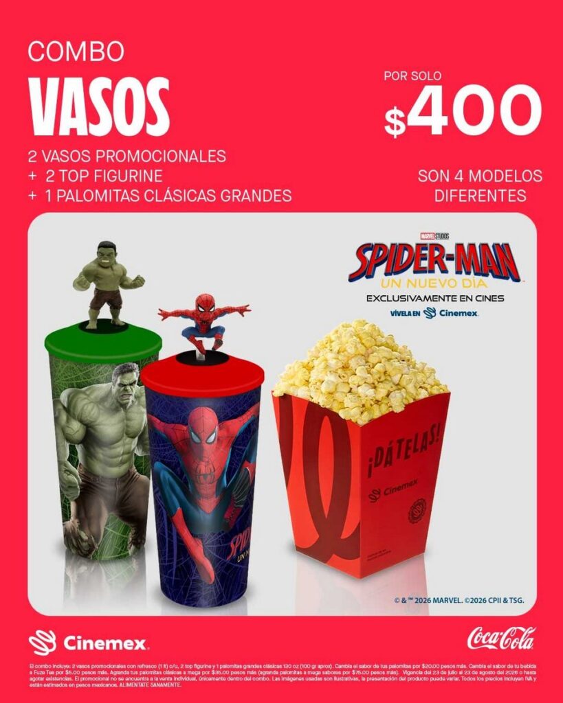 映画『スパイダーマン：ブランド・ニュー・デイ』の公開にあわせ、メキシコの映画館チェーン Cinemex が発表した限定ポップコーンバケットやグッズの画像。