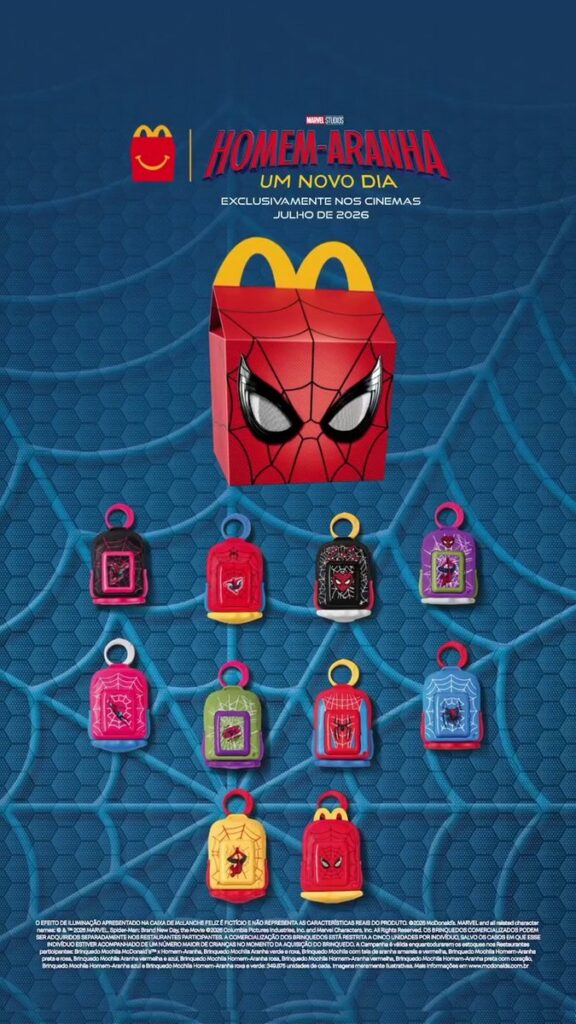映画『スパイダーマン:ブランド・ニュー・デイ』の公開にあわせて、ブラジルのマクドナルドで展開されるハッピーセットの画像。