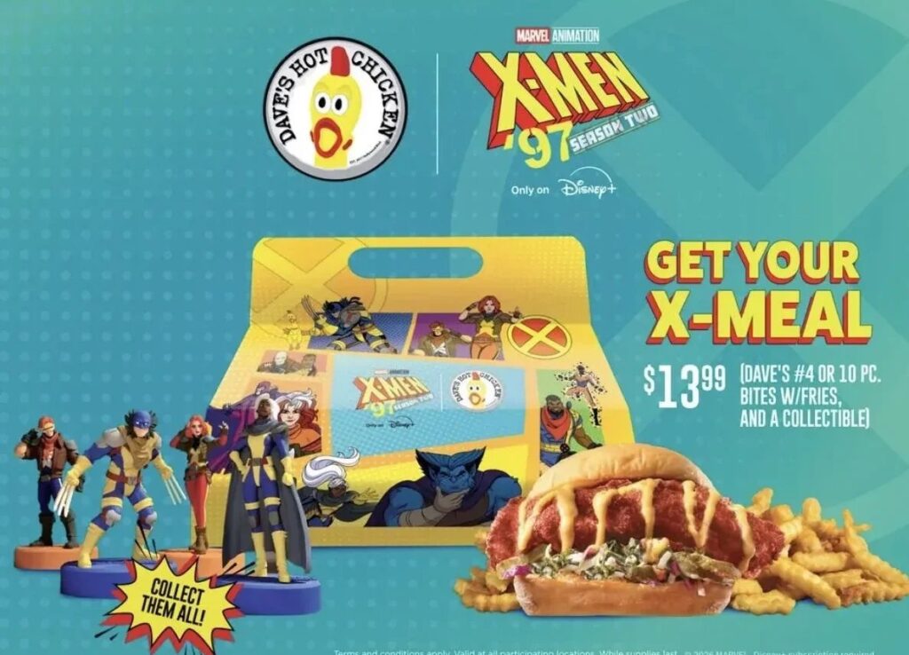 アメリカの人気チキンチェーン「Dave’s Hot Chicken」が展開する、『X-Men ’97』シーズン2とコラボした期間限定メニュー「X-Meal」の画像。