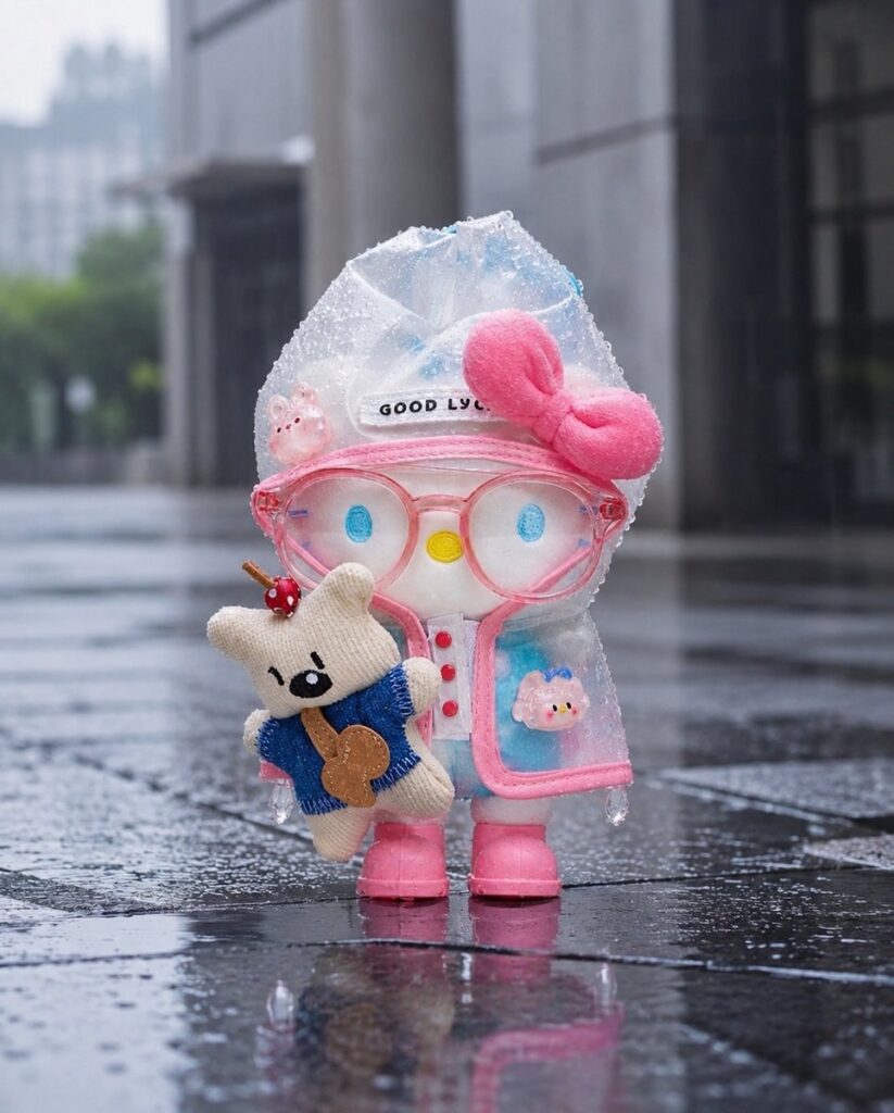 台湾のショップ「hayai store」で販売されている、透明なレインコートをまとったハローキティの吊り下げマスコット「正版授權 HELLO KITTY 雨衣版吊飾」の画像。