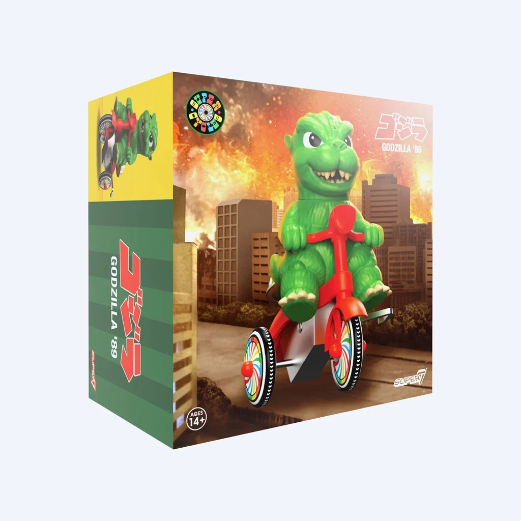 Super7が展開する「Super Cycles」シリーズから登場した、グリーンのゴジラが赤いゼンマイ式三輪車に乗ったフィギュア「Super7 Super Cycles - Godzilla (Green w/ Red Trike)」の画像。