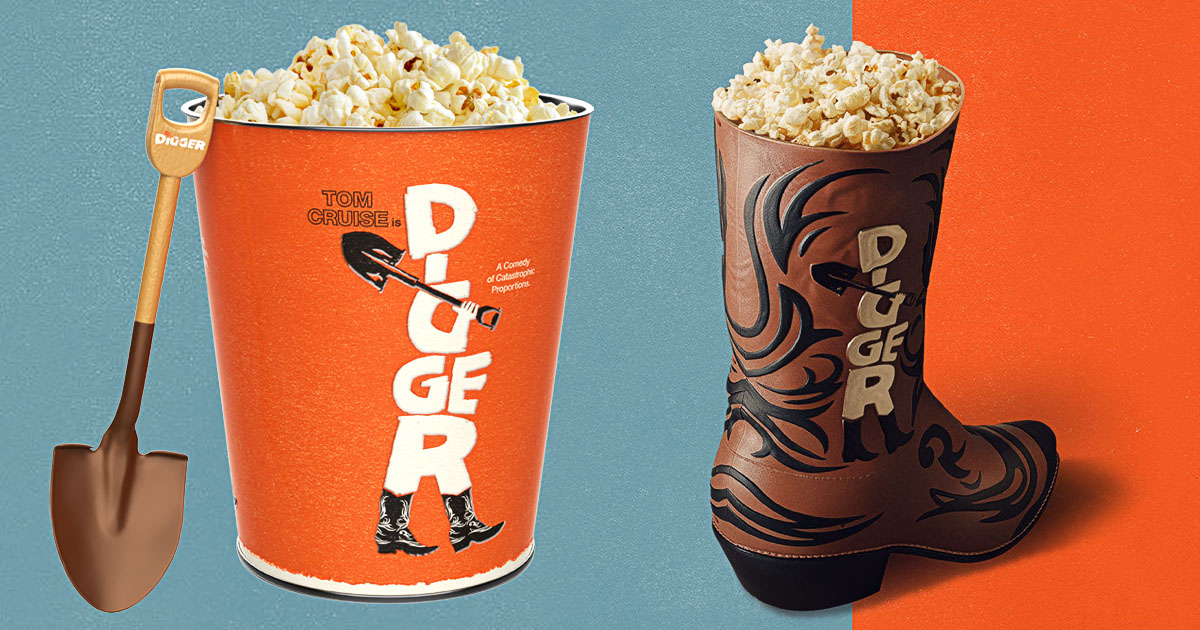 映画『DIGGER／ディガー』にあわせて、Alamo DrafthouseとSwan Drive-In Theatreから登場したポップコーンバケットの画像。
