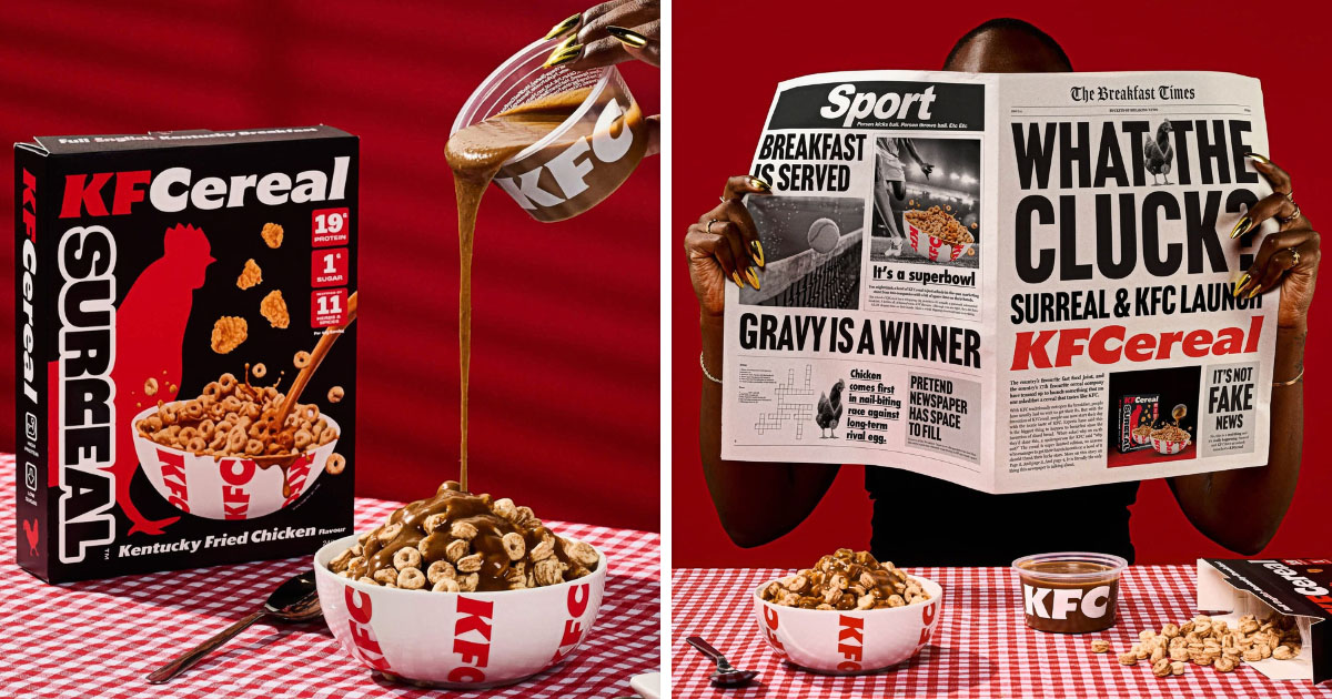 イギリスのシリアルブランドSURREALとKFCがコラボレーションして誕生した、限定シリアル『KFCereal』の画像。
