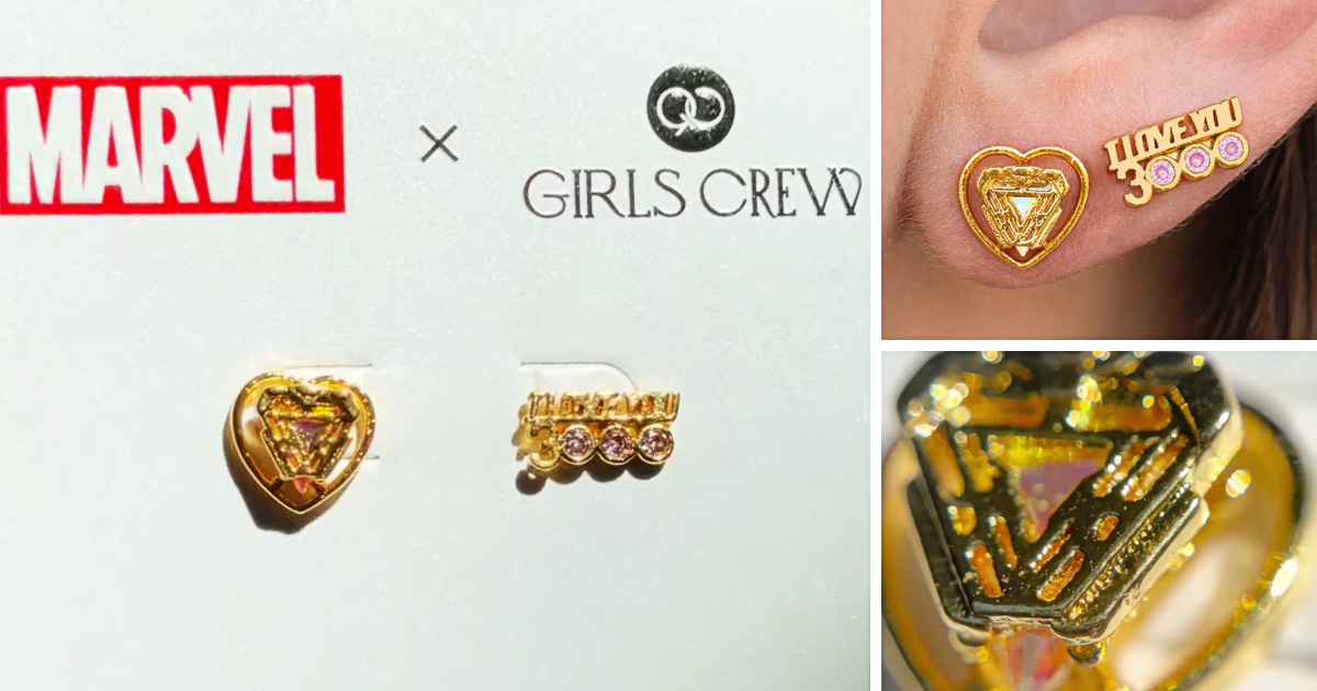 「Girls Crew」が販売する、アイアンマンのアーク・リアクターと「I Love You 3000」のメッセージをモチーフにしたスタッドピアスの画像。