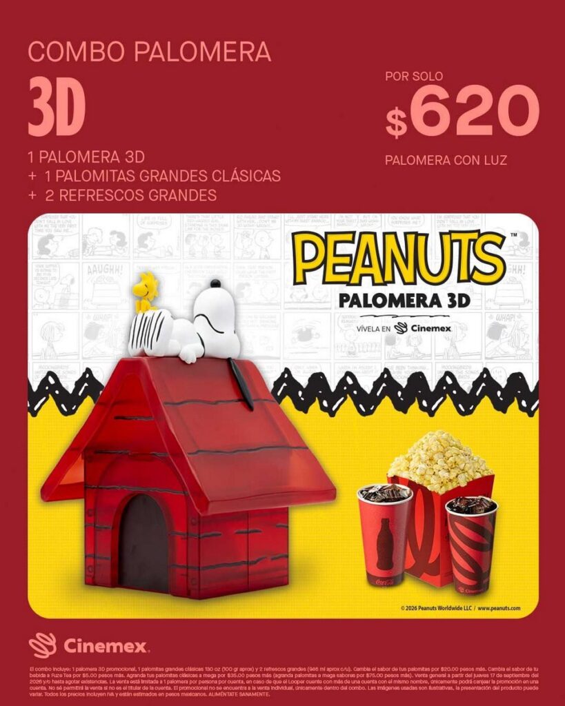 メキシコの映画館チェーン Cinemex が展開する、『Peanuts』の世界観を立体化したLEDライトアップ機能付き3Dポップコーンバケットセットの画像。