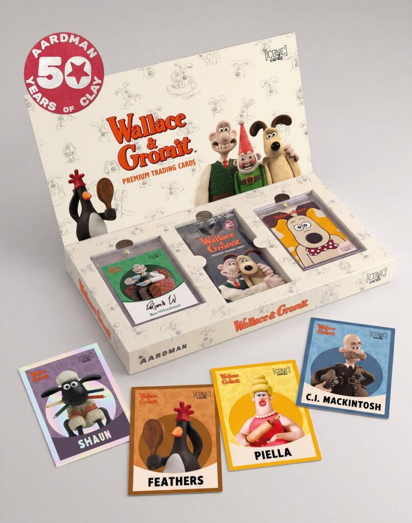 Iconic Cardsがアードマン創業50周年を記念して発売する、世界4,000ボックス限定『ウォレスとグルミット』プレミアムトレーディングカードの画像。