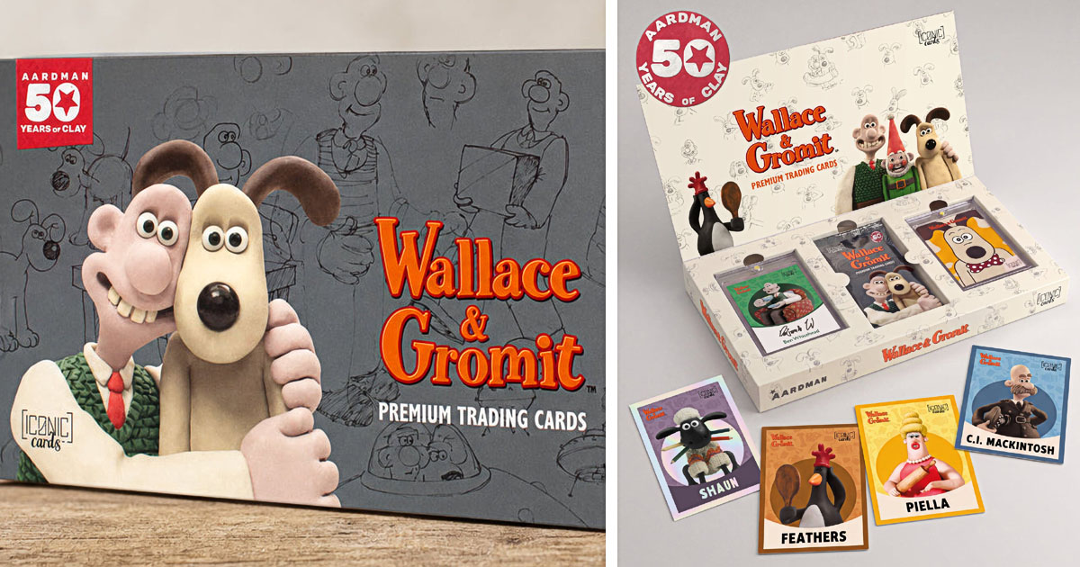 Iconic Cardsがアードマン創業50周年を記念して発売する、世界4,000ボックス限定『ウォレスとグルミット』プレミアムトレーディングカードの画像。