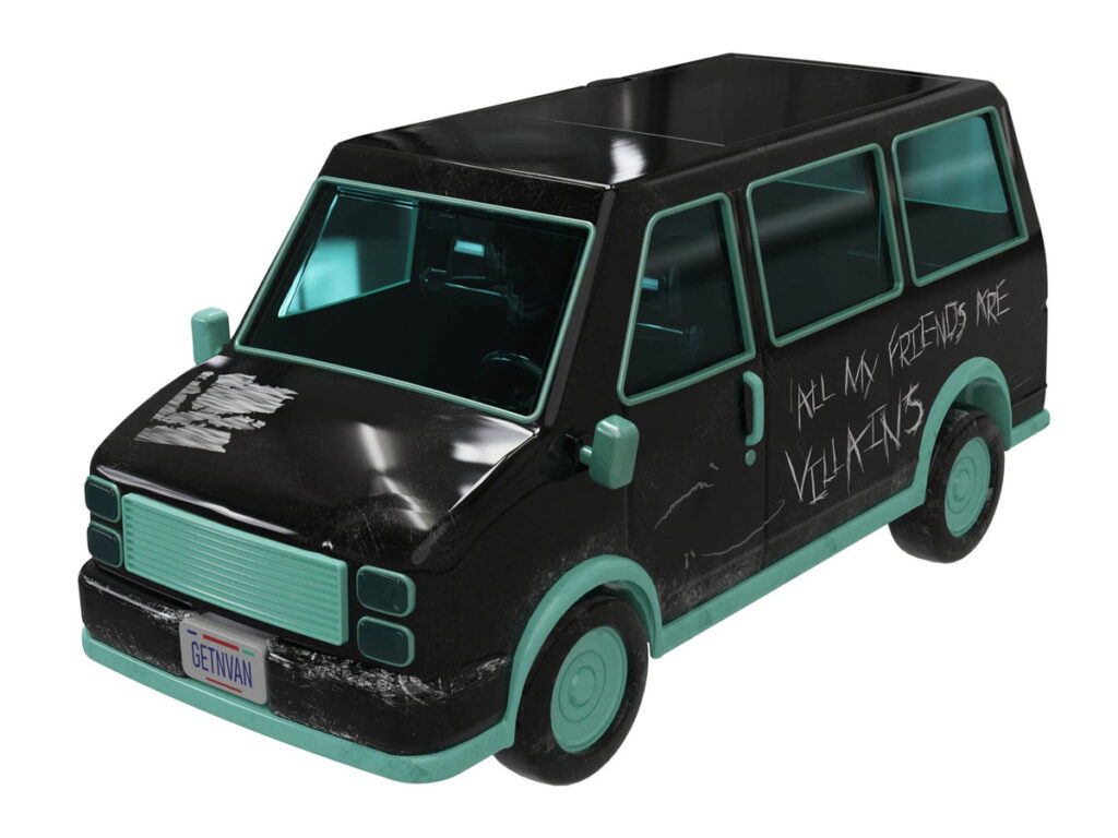 ブラムハウスが創業初期の移動オフィスだった伝説のバンをモチーフに展開する、「Blumhouse Van Popcorn Bucket with Stickers and Fog」の画像。