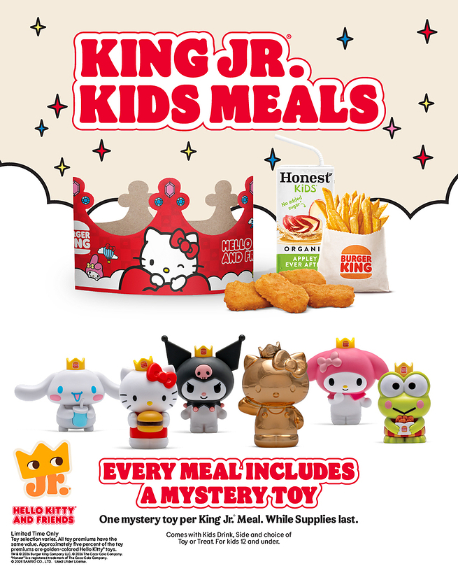 6種類の限定おもちゃや特製クラウンがセットになった、全米のバーガーキングで展開される「Hello Kitty and Friends King Jr. Kids' Meal」のキャンペーンビジュアル