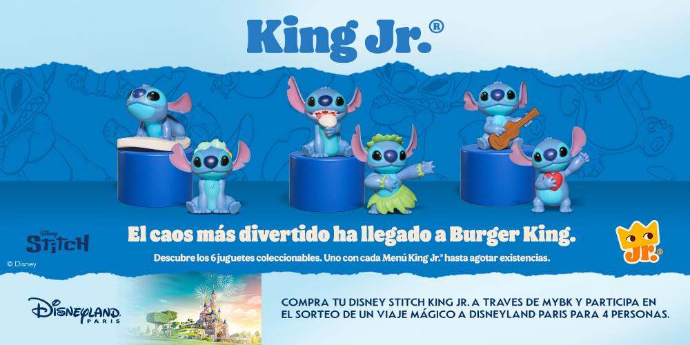 「Disney Stitch King Jr.」購入で手に入る全6種のスティッチフィギュアと、公式アプリ「MyBK」経由の購入で当たるディズニーランド・パリ旅行のプロモーションビジュアル。