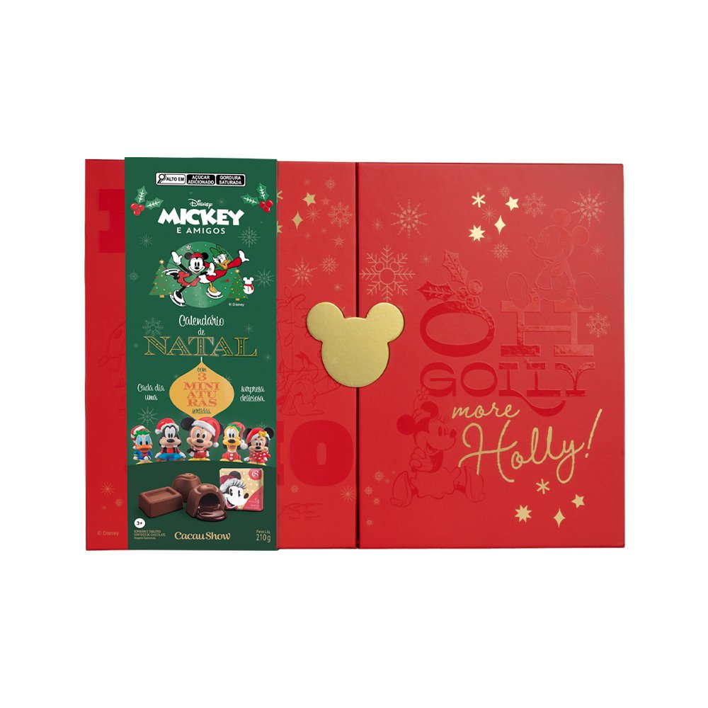 クラシックなミッキー&ミニーのアートワークと大きなゴールドのミッキーシェイプが印象的な、210gの「Calendário do Advento Mickey e Minnie com Miniatura Surpresa」のパッケージ外観。