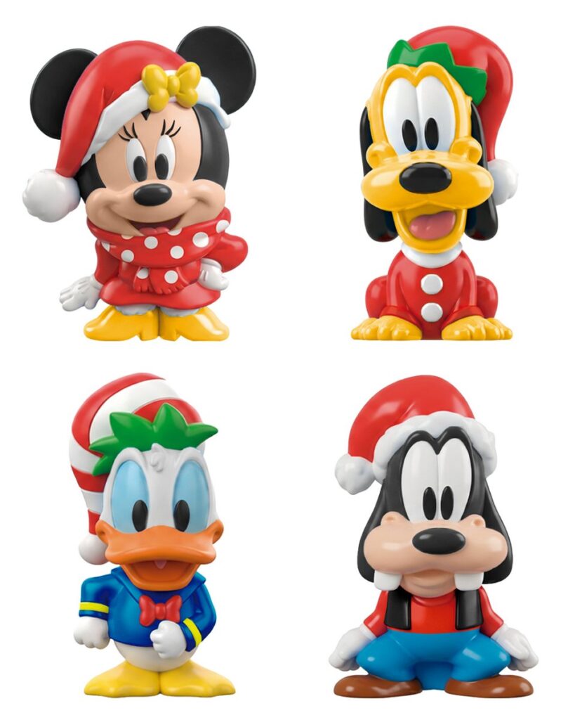 「Calendário do Advento Mickey e Minnie com Miniatura Surpresa」にランダムで封入される、サンタ衣装を纏ったミニー、プルート、ドナルド、グーフィーの限定サプライズミニチュア。