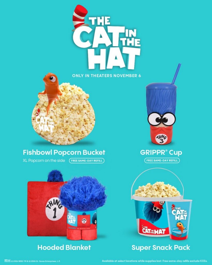 「Fishbowl Popcorn Bucket」や「GRIPPR® Cup」をはじめ、「Hooded Blanket」や「Super Snack Pack」といった映画館限定オリジナルグッズのラインナップ一覧。
