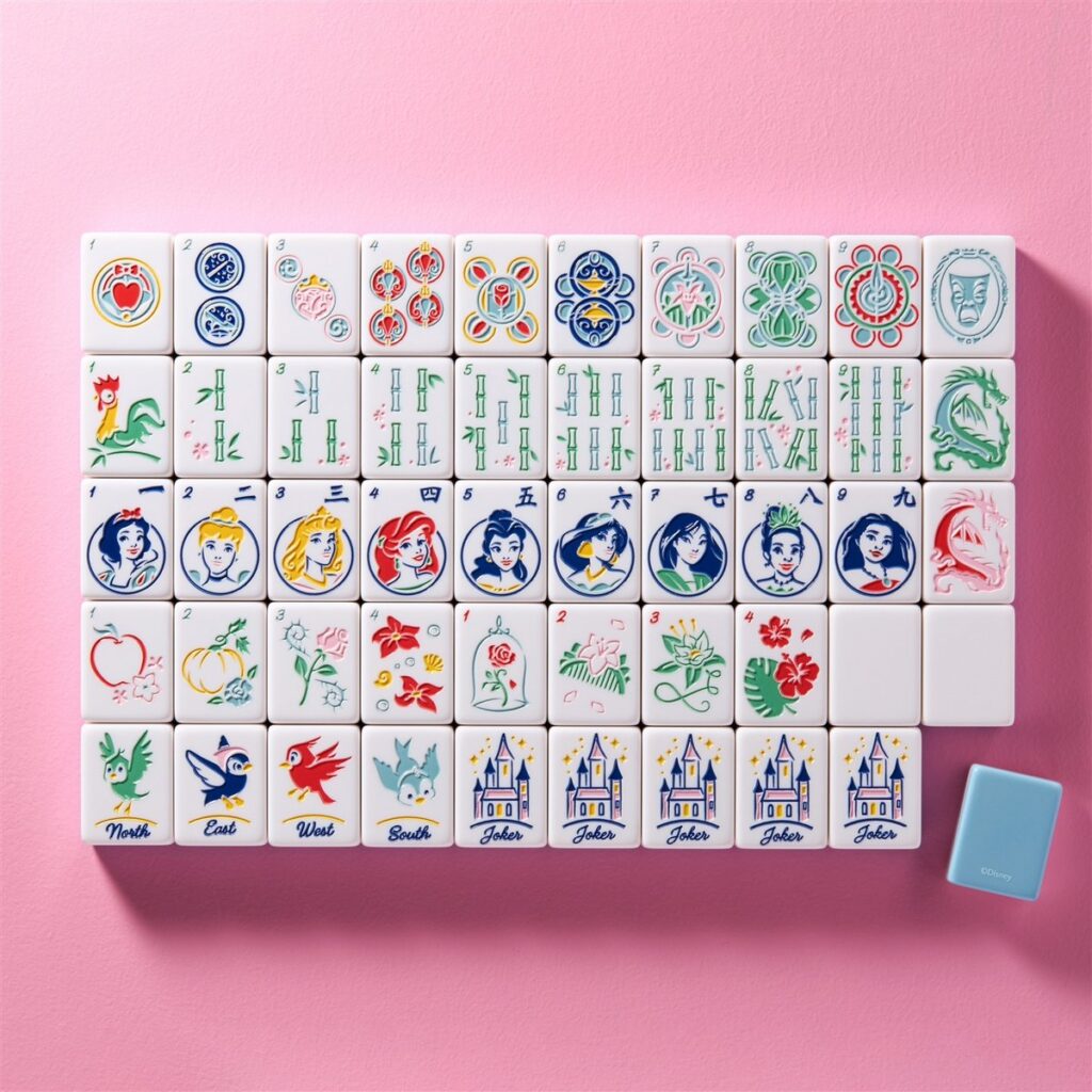 The Noble Collectionから登場した、160枚のレーザー刻印牌や専用バッグがセットになった『Disney Princess Mahjong Collector's Set』の画像。