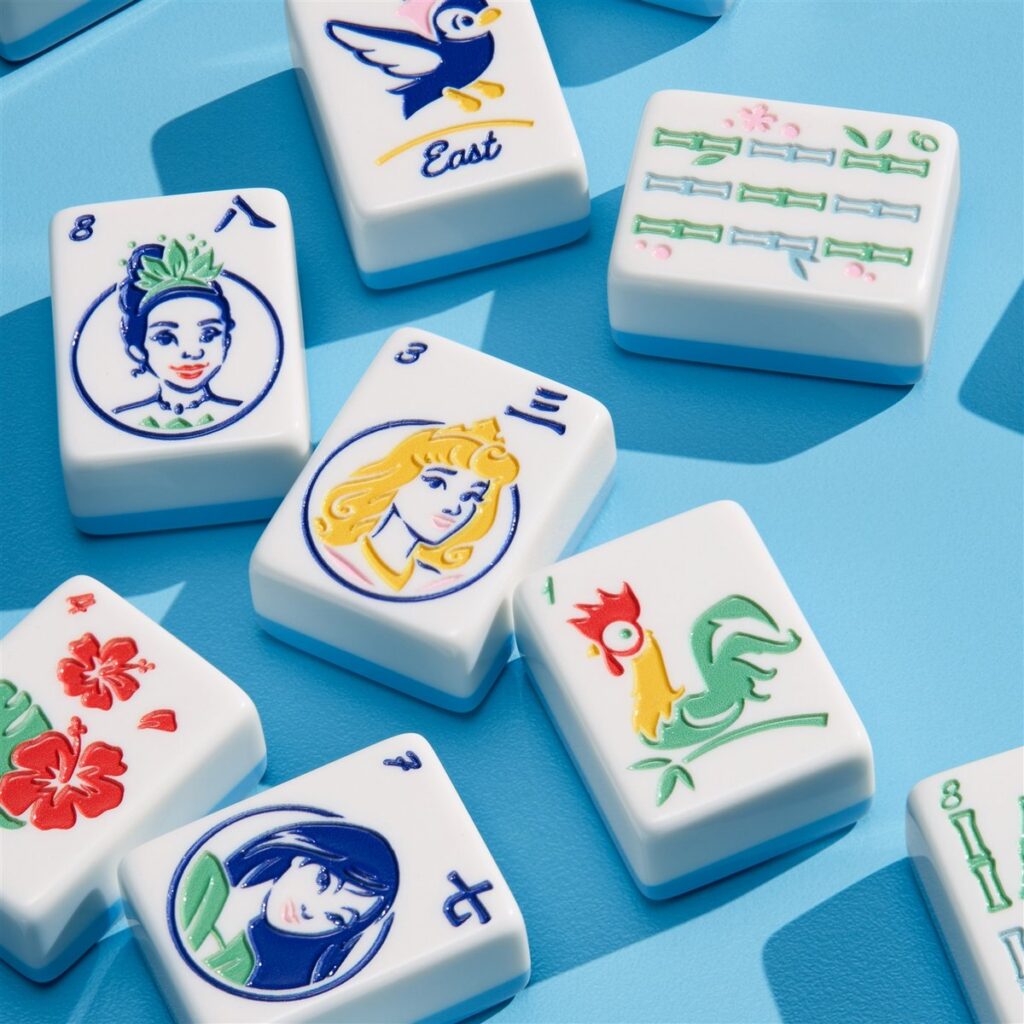 The Noble Collectionから登場した、160枚のレーザー刻印牌や専用バッグがセットになった『Disney Princess Mahjong Collector's Set』の画像。