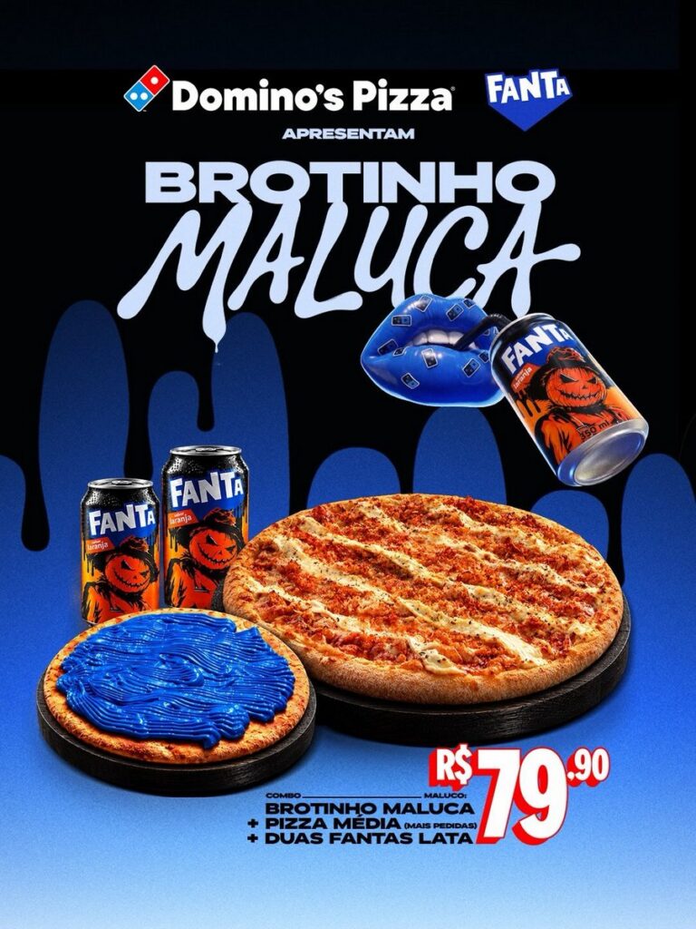 ブラジルのドミノ・ピザがハロウィン限定で発売した、舌が青く染まる「Pizza Maluca」と「Fanta Mistério」がセットになった「Combo Maluco」の画像。