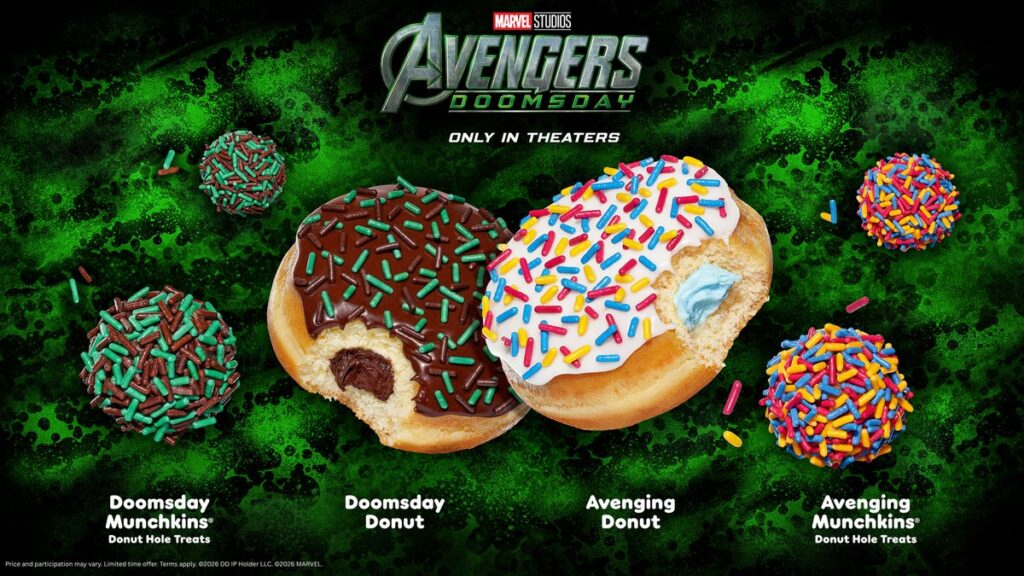 アメリカのダンキンが、映画『アベンジャーズ／ドゥームズデイ』の劇場公開に先駆けてスタートした限定コラボメニュー＆コレクターズアイテムの画像。