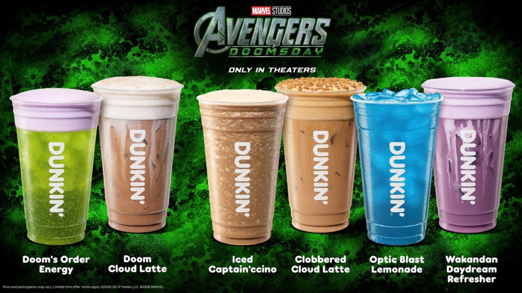 アメリカのダンキンが、映画『アベンジャーズ／ドゥームズデイ』の劇場公開に先駆けてスタートした限定コラボメニュー＆コレクターズアイテムの画像。