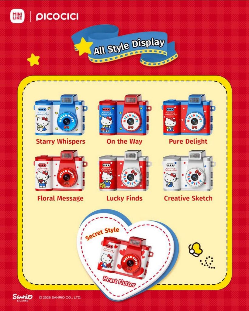 全7種類のデザインが揃うブラインドボックス仕様のトイカメラ、「Hello Kitty Style Energy Signal Series Mini Camera」のラインナップ一覧画像。