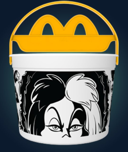 米国マクドナルドの「Disney Villains Boo Buckets Happy Meal」に登場する、『101匹わんちゃん』のクルエラ・ド・ヴィルをモチーフにしたバケツの画像。