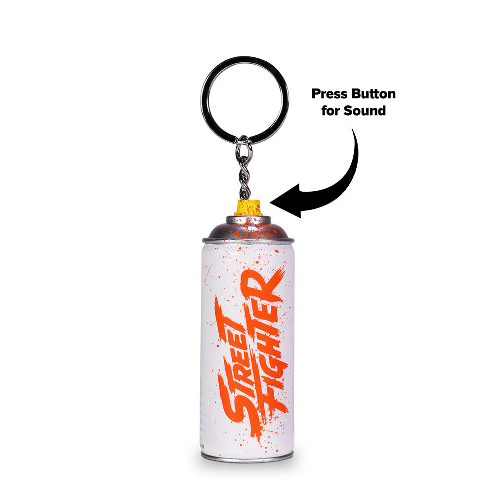映画『ストリートファイター／ザ・ムービー』の公開にあわせ、アメリカのAMC Theatres限定で販売される、ノズル部分を押すと効果音が鳴る「スプレー缶型サウンドキーチェーン」の画像。