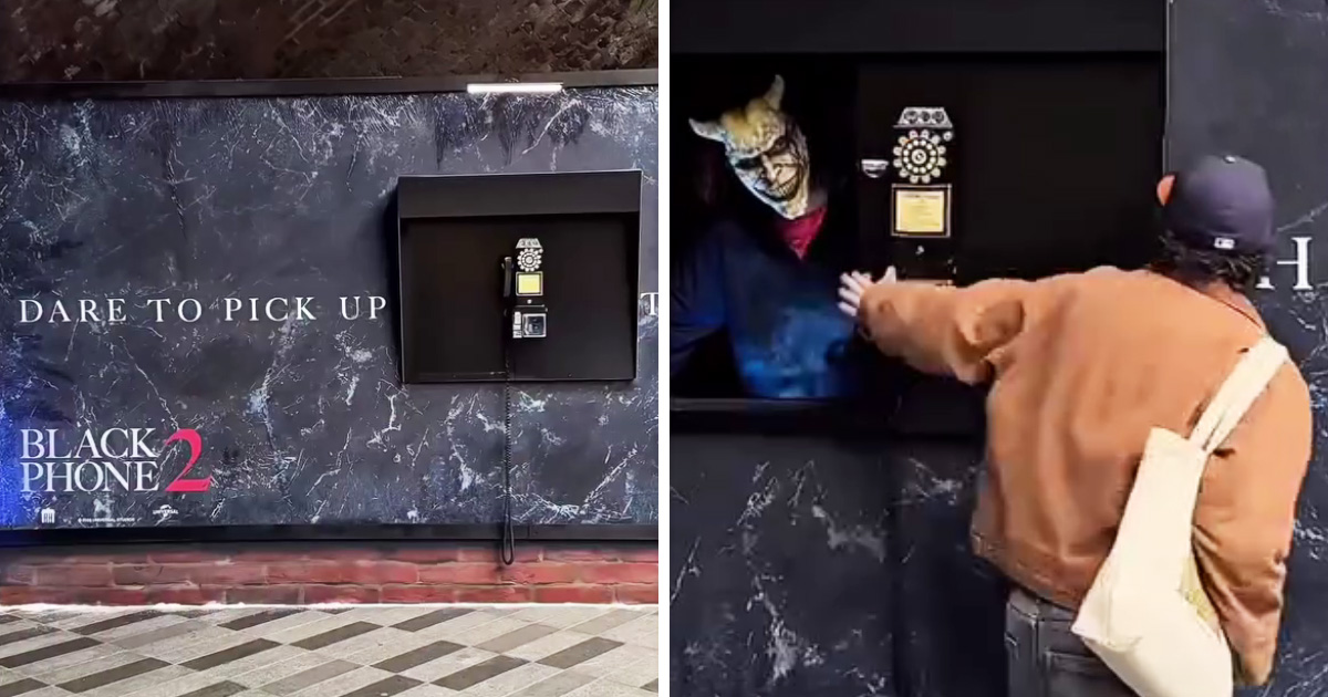 ロンドンのカムデンに登場した、映画「ブラックフォン2」の公開を記念したインタラクティブなビルボードの画像