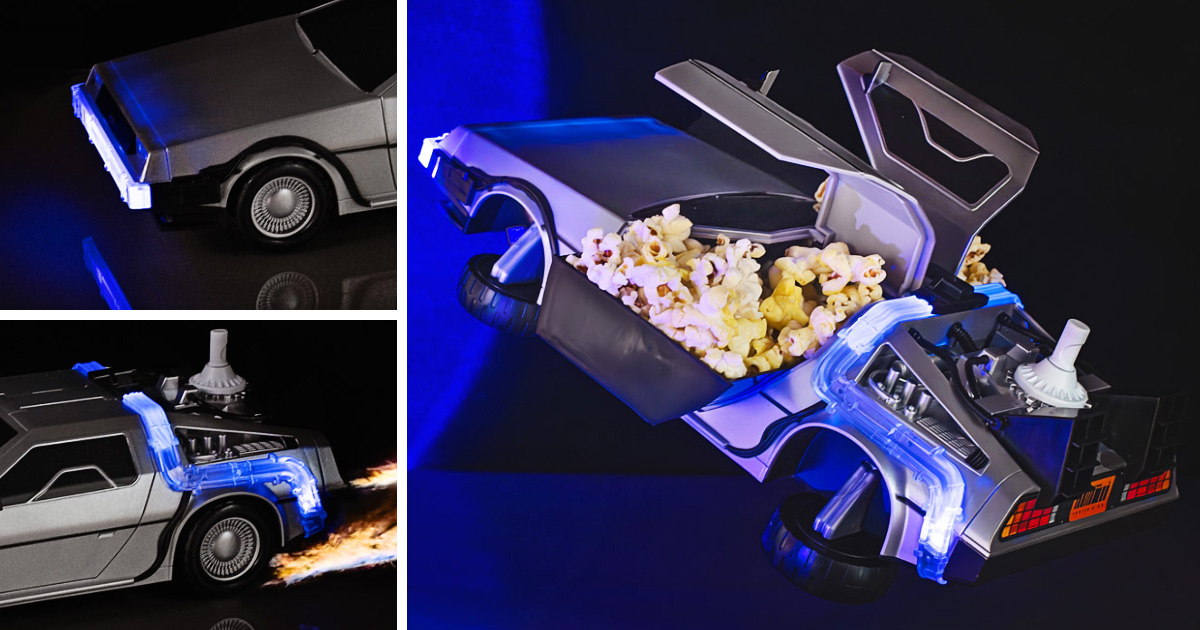 AMC公式オンラインショップで数量限定で登場した、「バック・トゥ・ザ・フューチャー」のタイムマシンポップコーンバケットとコレクターズアイテムの画像