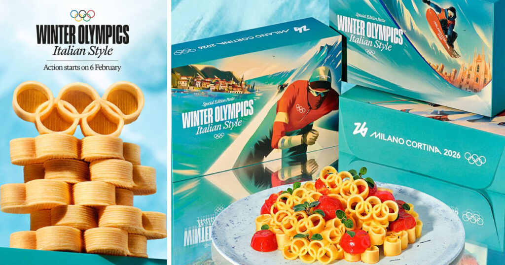 国際オリンピック委員会（IOC）が発表した、五輪マークを模した完全限定の特別パスタ「オリンピック・リング・パスタ」の画像