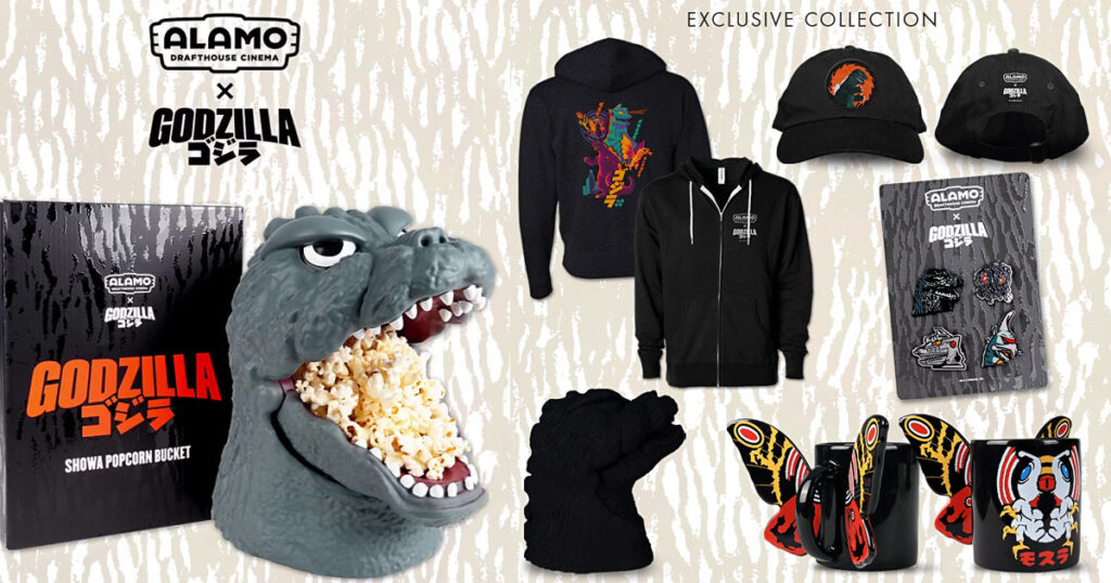 ゴジラ生誕70周年を記念してAlamo Drafthouseから登場した「ゴジラ ポップコーンバケット」と限定グッズの画像