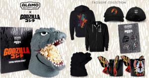 ゴジラ生誕70周年を記念してAlamo Drafthouseから登場した「ゴジラ ポップコーンバケット」と限定グッズの画像