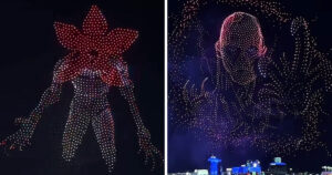 Netflixの人気シリーズ『ストレンジャー・シングス 未知の世界』の最終章を記念して、ラスベガスで行われたドローンショー「One Last Adventure: Las Vegas」の画像