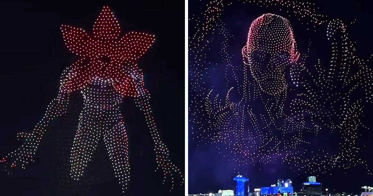 Netflixの人気シリーズ『ストレンジャー・シングス 未知の世界』の最終章を記念して、ラスベガスで行われたドローンショー「One Last Adventure: Las Vegas」の画像