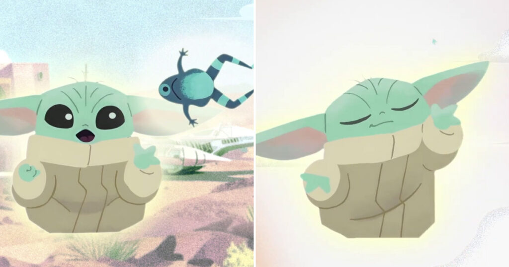 ディズニー、ルーカスフィルム、GoNoodleの協力によって生まれた、深呼吸とバランスを教える短編アニメ「Balanced Breathing with Grogu」の画像。
