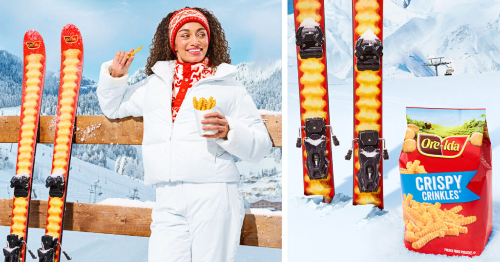 オレアイダがフィッシャーとコラボし発表した、限定スキー「French Fry Skis」の画像。