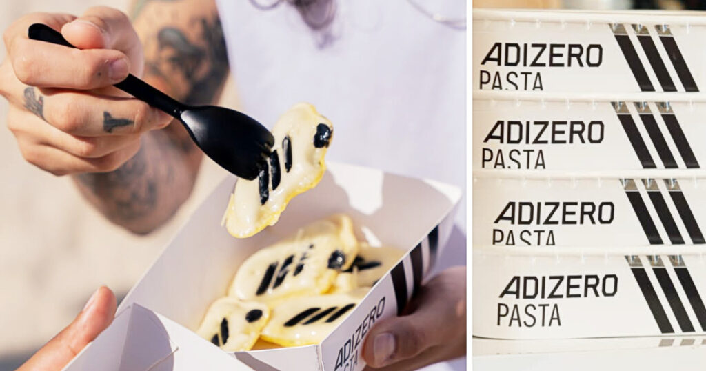 アディダスのレーシングシューズ「Adizero EVO SL」を忠実に再現したラビオリ「Adizero Pasta」の画像。