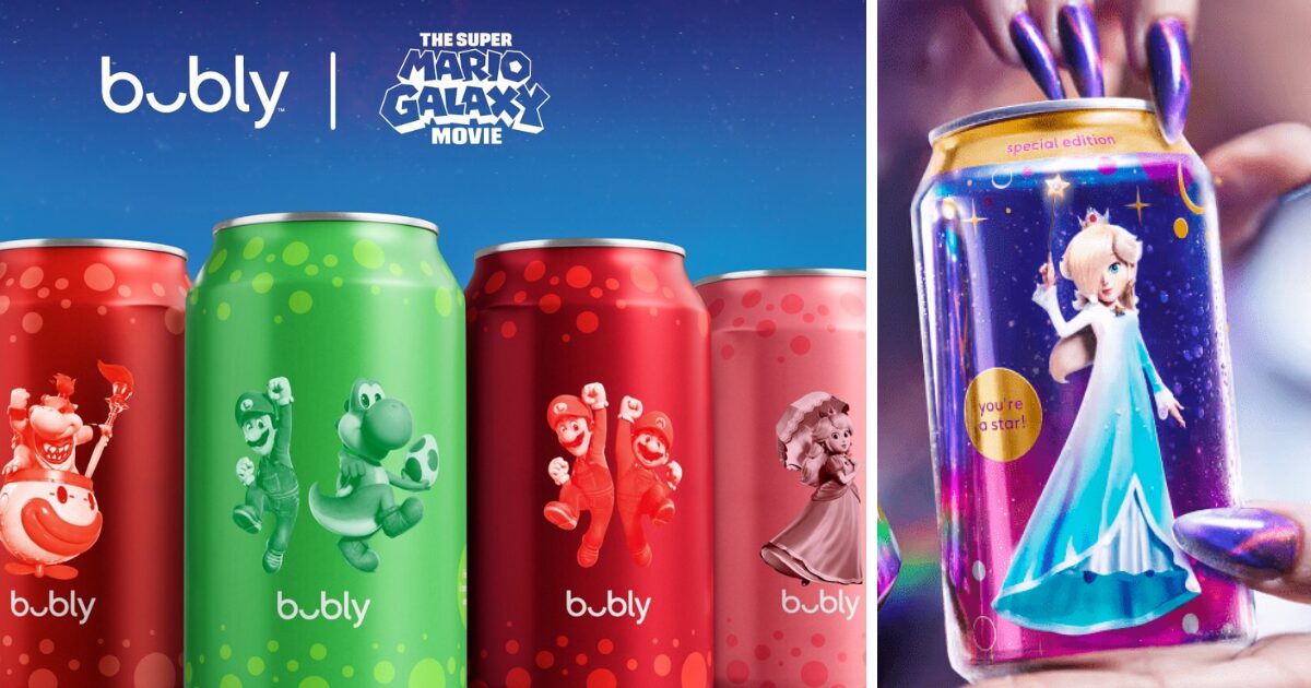 最新作『ザ・スーパーマリオギャラクシー・ムービー』の公開を記念し、アメリカの人気炭酸水ブランド「bubly」が発売する、数量限定のギャラクシー仕様フレーバーの画像。